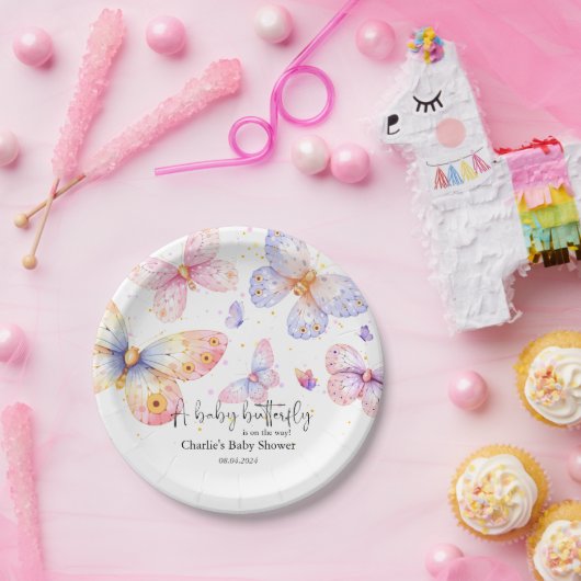 Pink Lila Butterfly Girl Babydusche Pappteller (Party)