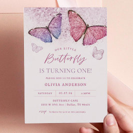 Pink Lila Butterfly Girl Erste Geburtstagsparty Einladung