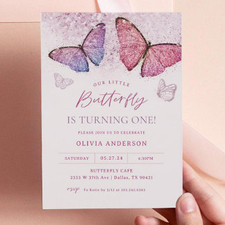 Pink Lila Butterfly Girl Erste Geburtstagsparty Einladung