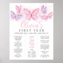 Pink Lila Butterfly Girls 1. Geburtstag Meilenstei Poster