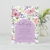 Pink Lila Butterfly Grüne Babydusche Einladung (Stehend Vorderseite)