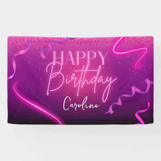 Pink Lila Confetti Neon Lights Happy Birthday Banner (Horizontal)