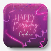 Pink Lila Confetti Neon Lights Happy Birthday Pappteller (Vorderseite)