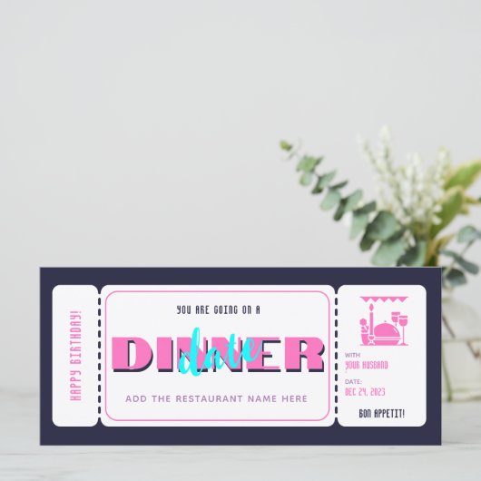 Pink Lila Dinner Date Gutschein Ticket (Stehend Vorderseite)