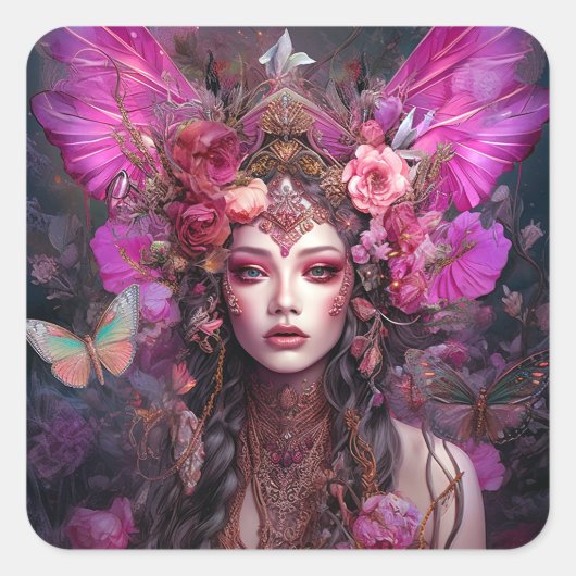 Pink Lila Fairy Queen Fantasy Art Quadratischer Aufkleber (Vorderseite)