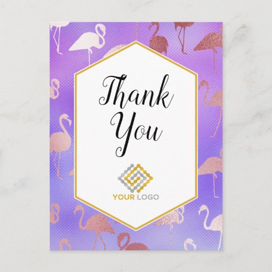 Pink Lila Flamingos Vielen Dank für Ihr Logo Postkarte (Vorderseite)