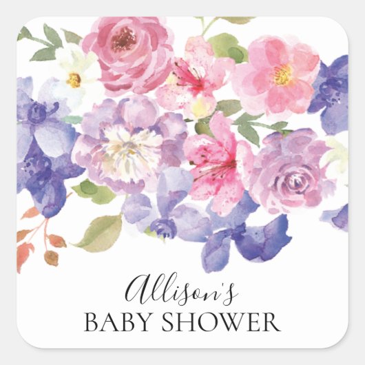 Pink & Lila Floral Baby Dusche Umschlag Aufkleber (Vorderseite)
