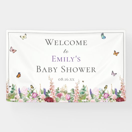 Pink Lila Floral & Butterfly Babydusche Banner (Horizontal)