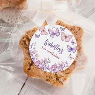 Pink Lila Floral Butterfly Girl 1. Geburtstag Runder Aufkleber