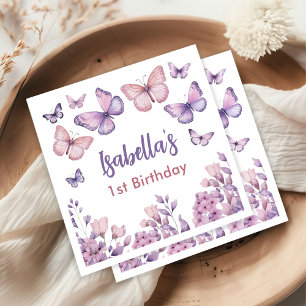 Pink Lila Floral Butterfly Girl 1. Geburtstag Serviette