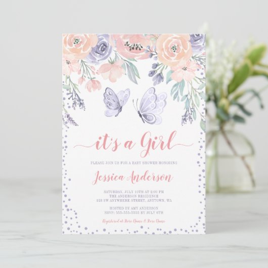 Pink Lila Floral Butterfly Girl Babydusche Einladung (Stehend Vorderseite)
