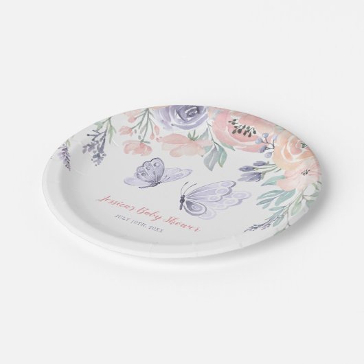 Pink Lila Floral Butterfly Girl Babydusche Pappteller (Schrägansicht)