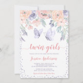 Pink Lila Floral Butterfly Twin Girl Babydusche Einladung (Vorderseite)