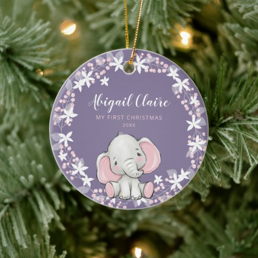 Pink Lila Floral Elephant Girl 1. Weihnachten Keramik Ornament (Baum)