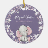 Pink Lila Floral Elephant Girl 1. Weihnachten Keramik Ornament (Vorne)