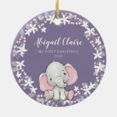 Pink Lila Floral Elephant Girl 1. Weihnachten Keramik Ornament (Hinten)