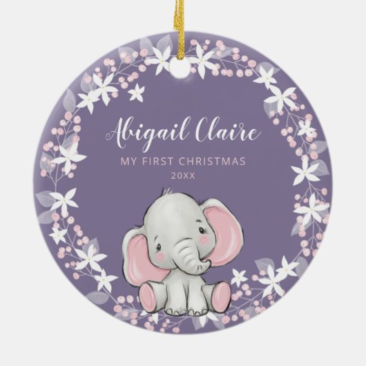 Pink Lila Floral Elephant Girl 1. Weihnachten Keramik Ornament (Hinten)