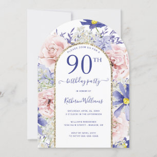 Pink Lila Floral Gold Arch 90. Geburtstagsparty Einladung