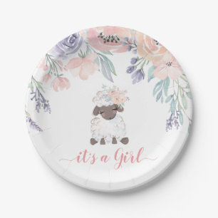 Pink Lila Floral Lamb Girl Babydusche Pappteller