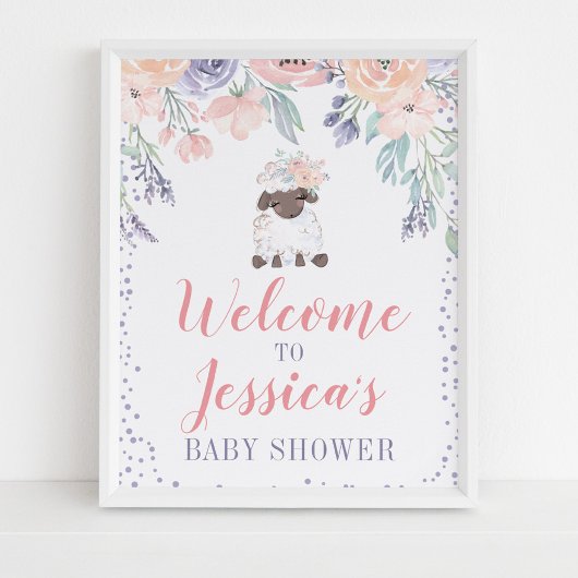 Pink Lila floral Lamm Babydusche Begrüßungszeichen Poster