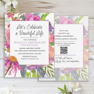 Pink Lila Floral QR Code 90. Geburtstag Einladung