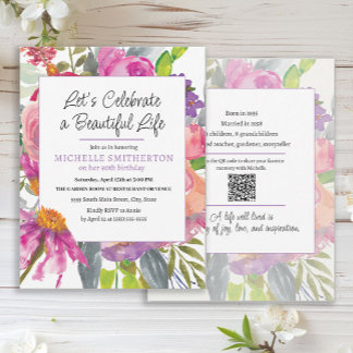 Pink Lila Floral QR Code 90. Geburtstag Einladung
