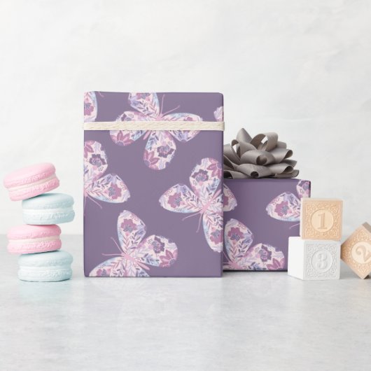 Pink-Lila Floral-Schmetterling-Muster Geschenkpapier (Babyparty)
