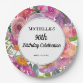 Pink Lila Floral Women's 90. Geburtstag Pappteller (Vorderseite)