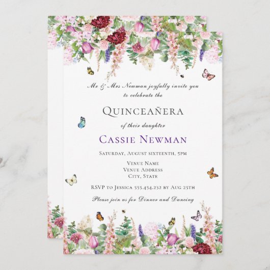 Pink Lila Florals & Butterfys Quinceañera Einladung (Vorne/Hinten)