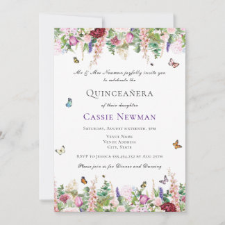 Pink Lila Florals & Butterfys Quinceañera Einladung