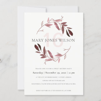 PINK LILA FOLIAGE WREATH SWEET 16 GEBURTSTAGSKARTE DANKESKARTE