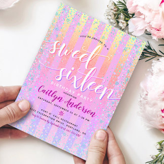 Pink Lila Gelb Sweet Sixteen Geburtstag Schrift Einladung