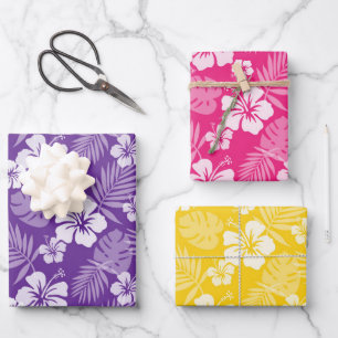 PINK LILA GELBEN TROPISCHEN HIBISKUS BLUME GESCHENKPAPIER SET