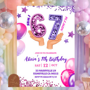 Pink lila Glitter-Hand-67-Geburtstagsfeier Einladung