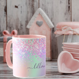 Pink lila Glitzer staubholografisches Namensskript Tasse
