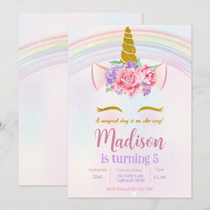 Pink Lila Gold Blumen Regenbogen Einhorn Party Einladung