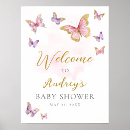Pink Lila Gold Butterfly Baby Dusche Willkommen Poster