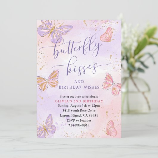 Pink Lila Gold Butterfly Kisses Birthday Einladung (Stehend Vorderseite)