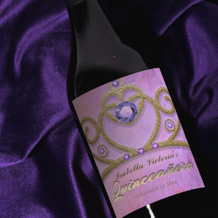 Pink Lila Gold Gitter Jeweled Tiara Quinceañera Weinetikett