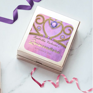 Pink Lila Gold Glitzer Jeweled Tiara Quinceañera Quadratischer Aufkleber