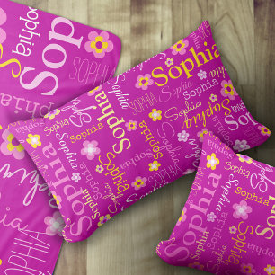 Pink lila grafische Blume Textname personalisieren Lendenkissen