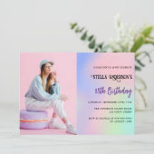 Pink lila holografischen Foto Luxus Geburtstag Einladung (Stehend Vorderseite)