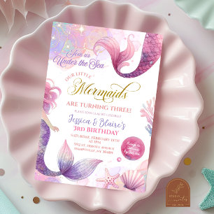 Pink Lila Kleine zwei Mermaids Twins Geburtstag Einladung