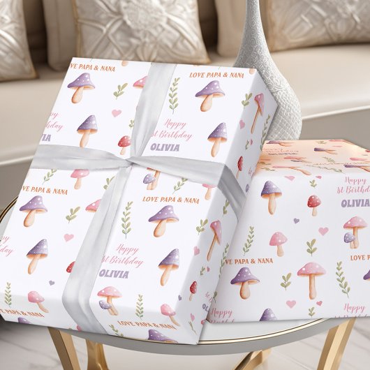 Pink Lila Mushrooms Fall Name Girl Geburtstag Geschenkpapier
