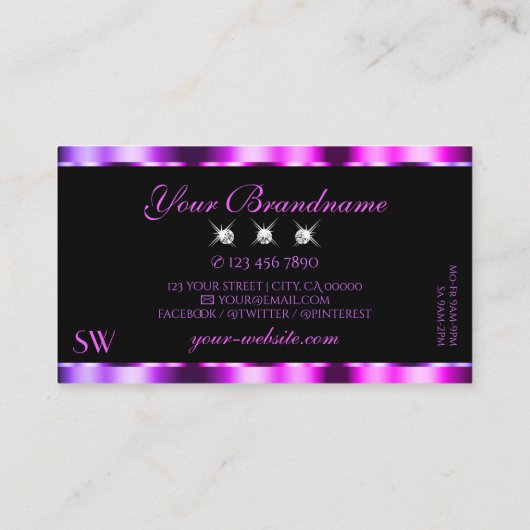 Pink Lila Ombre auf Black Sparkle Jewels Monogram Visitenkarte (Rückseite)