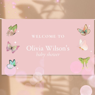 Pink Lila Pastel Butterfly Girl Babydusche Banner