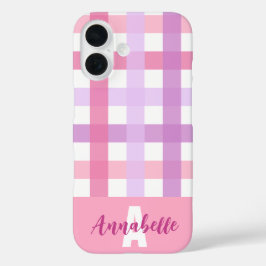 Pink Lila Pastell Gingham Pattern Monogram iPhone 16 Hülle