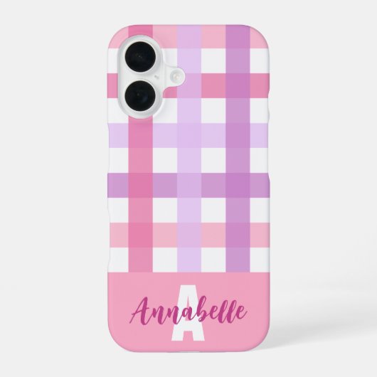Pink Lila Pastell Gingham Pattern Monogram iPhone 16 Hülle (Rückseite)