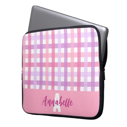 Pink Lila Pastell Gingham Pattern Monogram Laptopschutzhülle (Vorderseite Links)