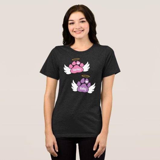 Pink & Lila Paws Angel Wings 2 Hunde Gedenkstätte Tri-Blend Shirt (Vorderseite voll)